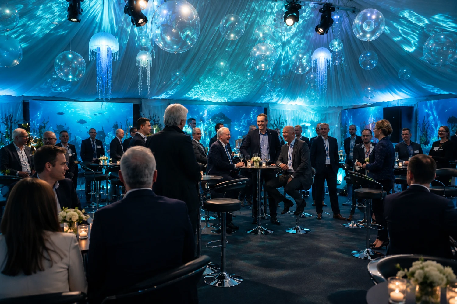 Guests networking at the ABZ Events Aberdeen Harbour stakeholder event, staged inside an underwater-themed marquee