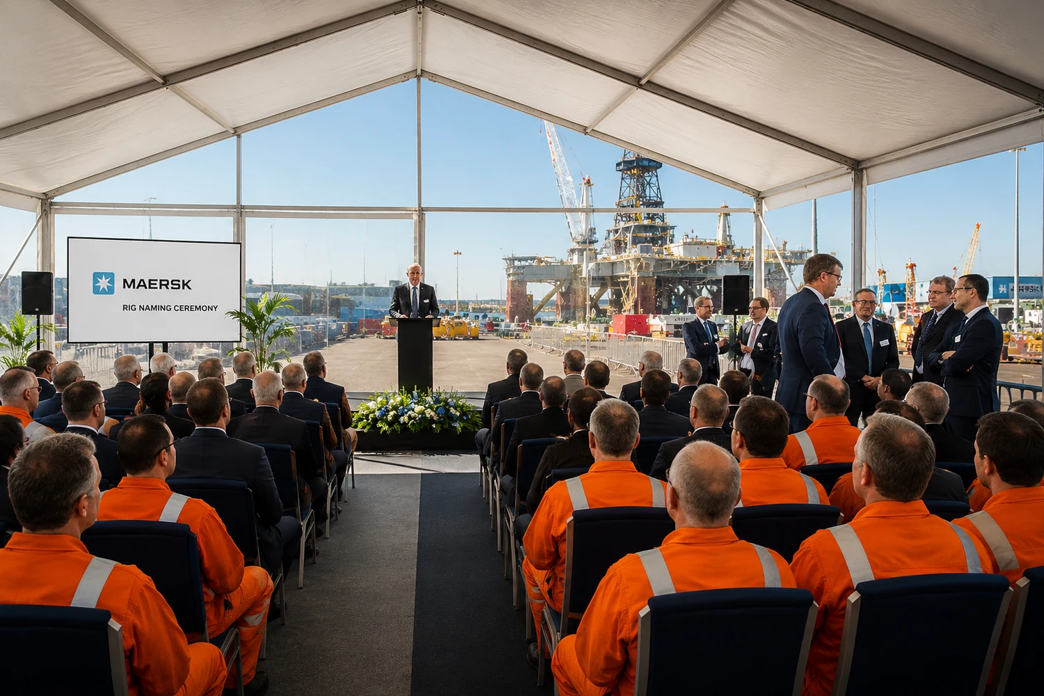 Maersk Drilling rig naming ceremony under a marquee, with the newly named rig visible in the shipyard behind the speaker