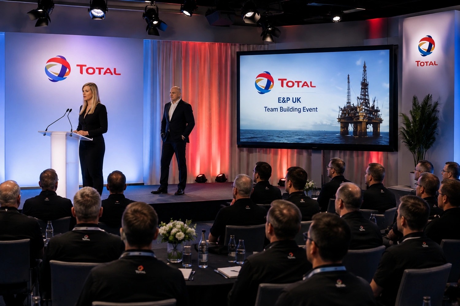 Total E&P UK team building event, with presenters on stage beside a screen showing the Total E&P branding