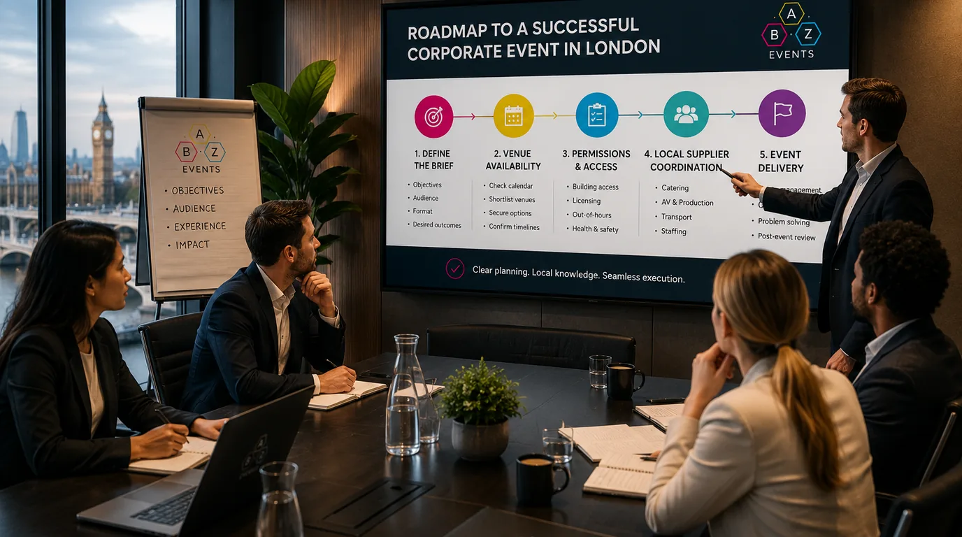 ABZ Events team presenting a five-step roadmap to a successful corporate event in London, with Big Ben visible through the window