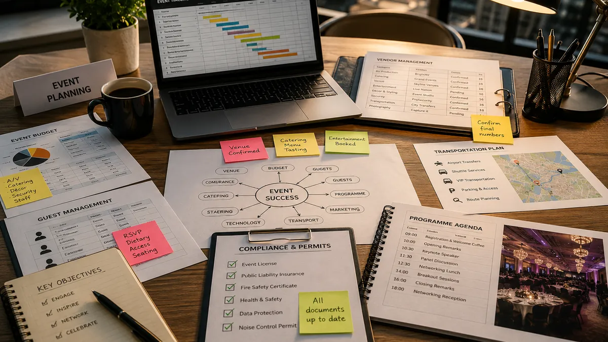 Event planning documentation including a timeline, budget breakdown, vendor management sheet and compliance checklist