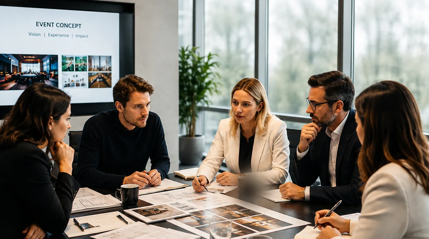 Event management team reviewing venue concepts and event plans together around a table