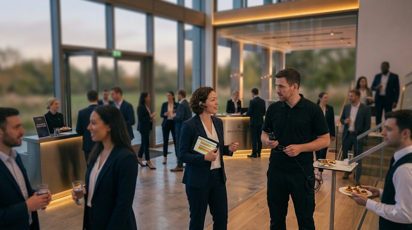 Event manager coordinating a live corporate event