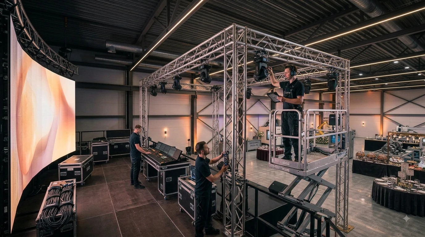 Technicians preparing lighting and LED production infrastructure